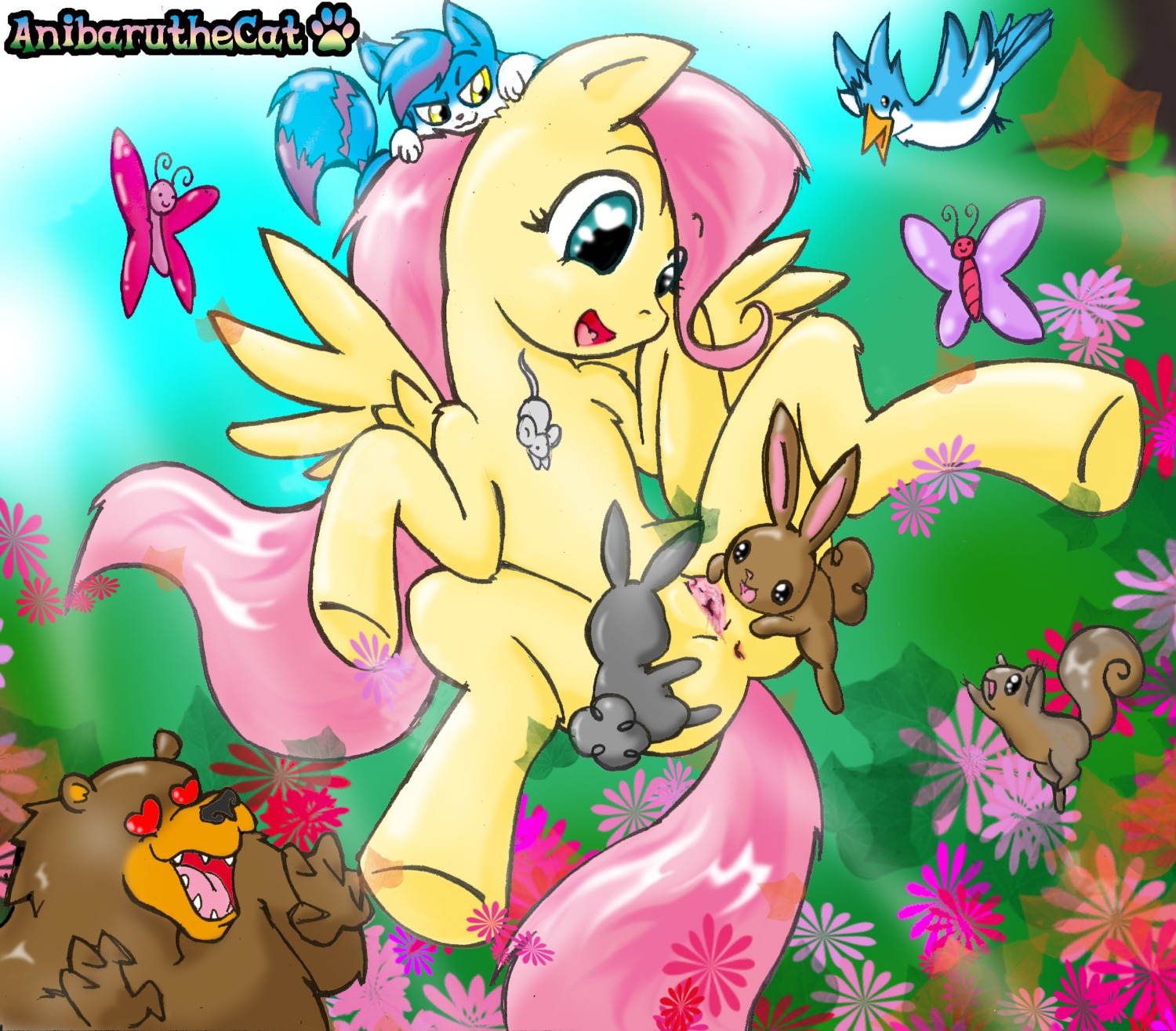 2013 ambiguous_gender anibaruthecat anus arthropod avian bear bird bodily_fluids butt butterfly chest_tuft clitoris cunnilingus cutie_mark digital_media_(artwork) e621 equid equine feathered_wings feathers felid female female/ambiguous feral feral_on_feral fluttershy_(mlp) friendship_is_magic fur genitals green_eyes grey_squirrel group hair hasbro heart_eyes heart_symbol hi_res insect interspecies lagomorph lepidopteran leporid mammal my_little_pony mythological_creature mythological_equine mythology open_mouth oral pegasus pink_hair quadruped rabbit rodent saliva sciurid sex smile spread_legs spread_vulva spreading tail teeth tongue touching_pussy tree_squirrel tuft vaginal vulva wings yellow_body yellow_feathers yellow_fur