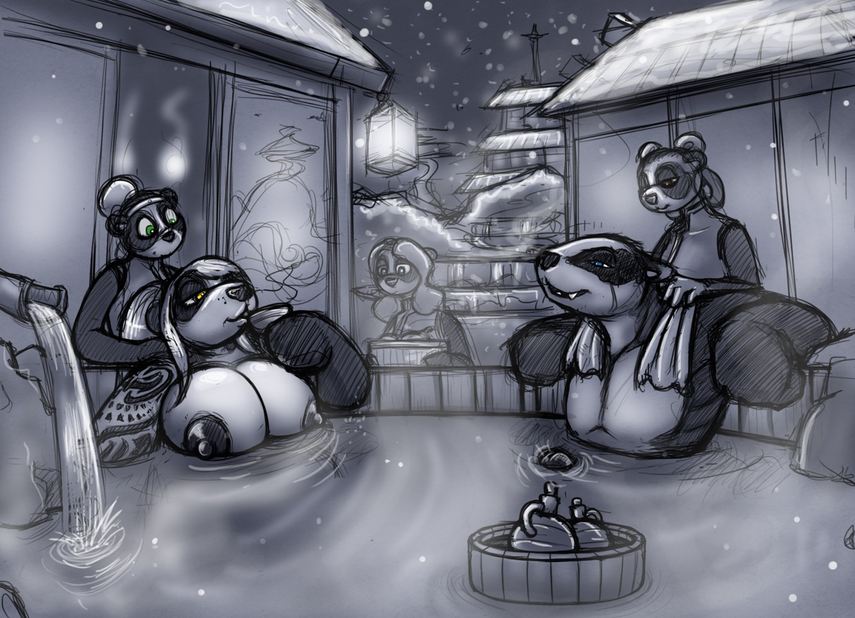 2014 alcohol anthro areola badger bath bear beverage breasts casual_nudity dark_areola drxii e621 female food genitals giant_panda group holding_sake_dish hot_spring hot_tub male mammal mustelid musteline nipples nude onsen partially_submerged partially_submerged_breasts penis sake sake_bottle sake_dish water