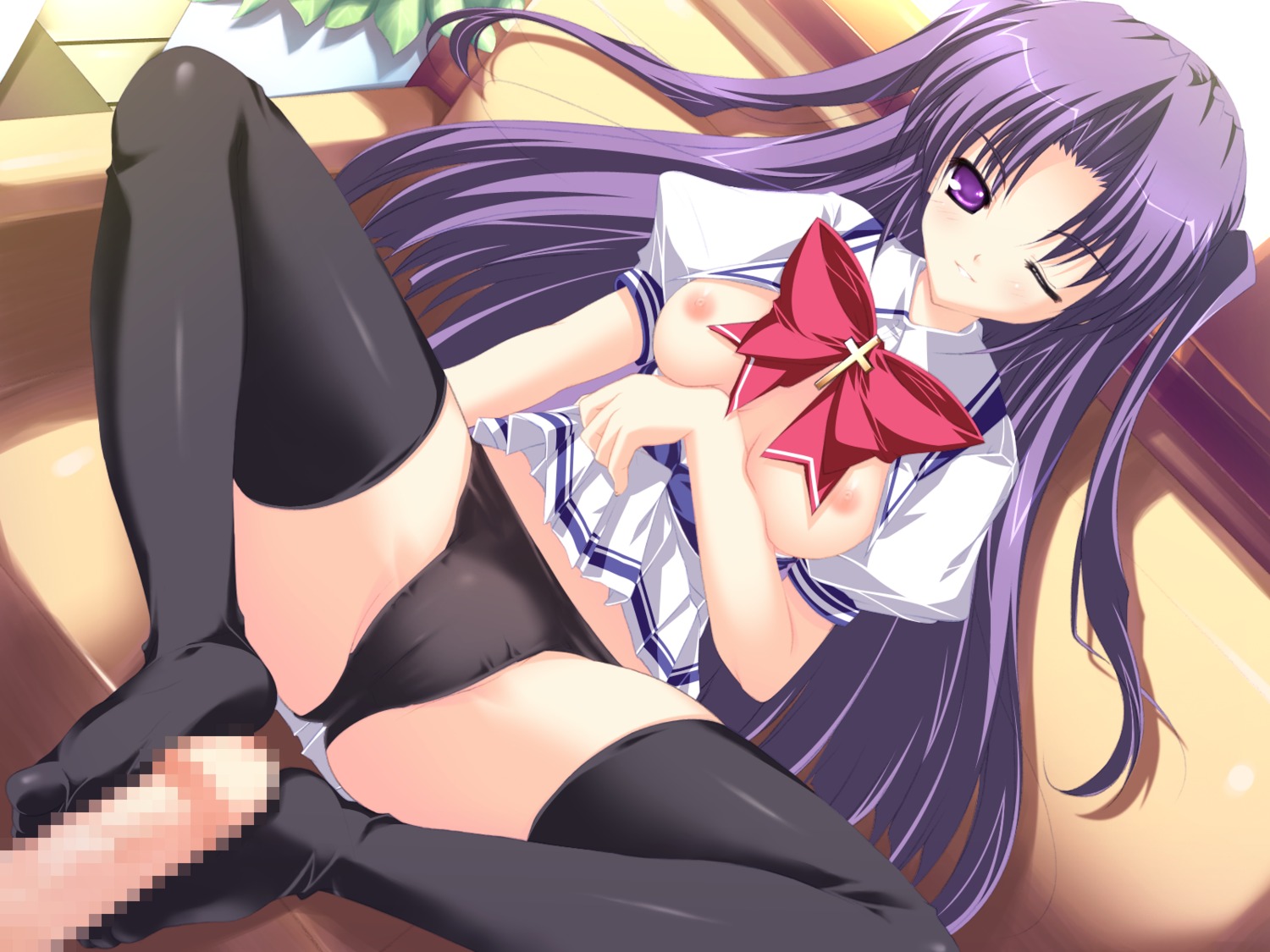 censored feet female footjob footjob_with_legwear game_cg highres long_hair lyrical_ds lyrical_lyric male mikeou panties penis purple_eyes purple_hair rule34 skirt skirt_lift smirk takami_rin thighhighs tied_hair twintails underwear very_long_hair wink