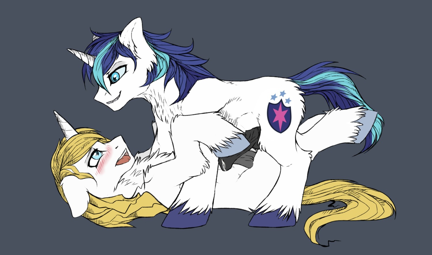 balls blonde_hair blue_eyes blue_hair blush bodily_fluids cutie_mark duo e621 equid equine erection feral friendship_is_magic fur genital_fluids genitals grey_background hair hasbro hi_res hooves horn lying male male/male mammal multicolored_hair my_little_pony mythological_creature mythological_equine mythology on_back open_mouth penis precum prince_blueblood_(mlp) rainbow_aliona rape_face shining_armor_(mlp) simple_background two_tone_hair unicorn white_body white_fur