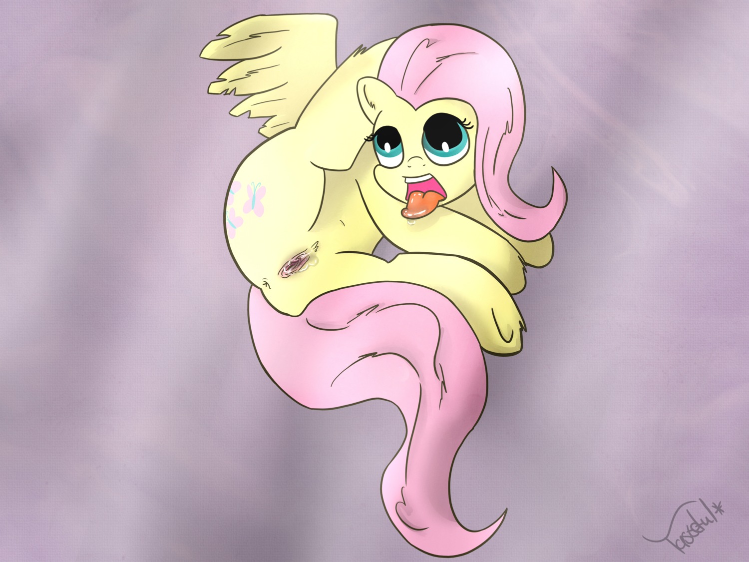 4:3 absurd_res anus blue_eyes bodily_fluids butt cutie_mark e621 equid equine feathered_wings feathers female feral fluttershy_(mlp) friendship_is_magic genital_fluids genitals hair hasbro hi_res mammal my_little_pony mythological_creature mythological_equine mythology pegasus pink_hair quadruped solo tail tasteful-clopper tongue tongue_out vaginal_fluids vulva wings yellow_body yellow_feathers