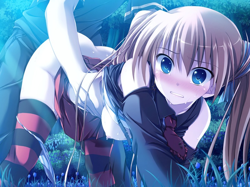 all_fours ass bare_shoulders big_breasts blue_eyes blush breasts character_request clenched_teeth covering female long_hair necktie nipples outdoors outside panties_around_one_leg rule34 sex skirt source_request striped striped_legwear striped_thighhighs tear teeth thighhighs tie tied_hair torso_grab twintails virgin