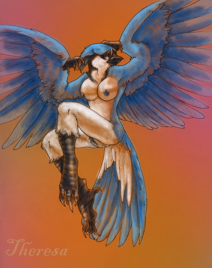 anthro avian beak bird blue_body blue_eyes blue_feathers blue_jay boundbystars breasts claws corvid e621 feathered_wings feathers female genitals gradient_background jay_(bird) midair new_world_jay nipples non-mammal_breasts non-mammal_nipples nude oscine passerine simple_background solo theresa vulva winged_arms wings