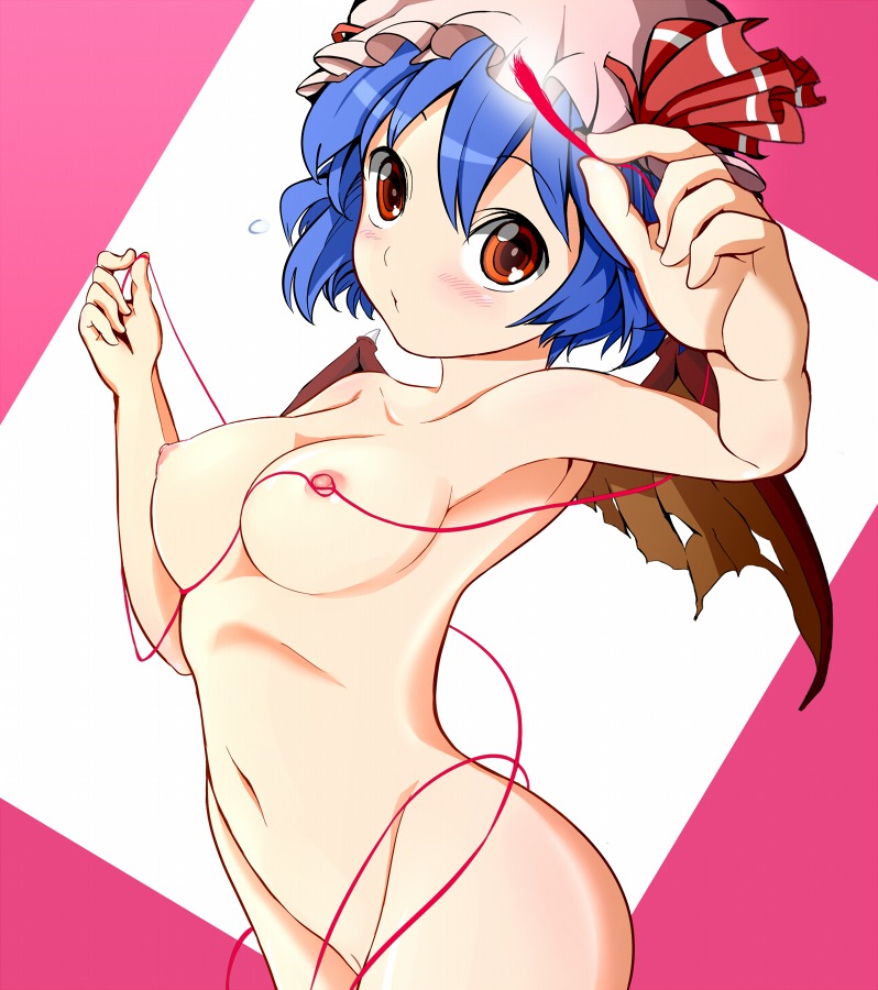 1girls bat_wings blue_hair breasts female hat nipples nude pussy red_eyes red_string remilia_scarlet reri rule34 short_hair solo string touhou wings