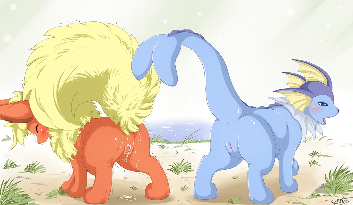 2010 after_sex anus beach blackfury blush bodily_fluids cum cum_in_vagina cum_inside cum_on_fur cum_pool digital_media_(artwork) duo e621 eeveelution eyes_closed female feral flareon generation_1_pokemon genital_fluids genitals nintendo outside pokemon pokemon_(species) presenting raised_tail sand seaside tail vaporeon vulva water