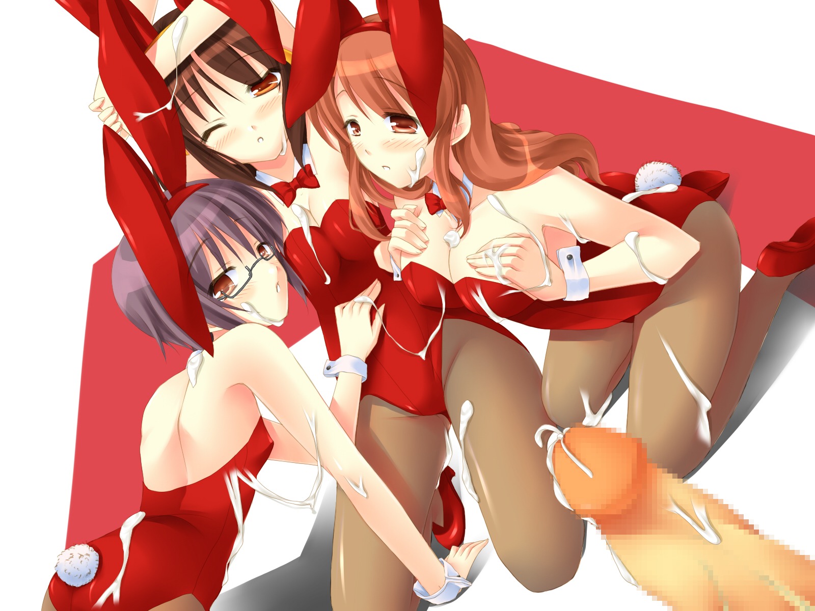 1boy 3girls animal_ear asahina_mikuru blush breasts bunny_ear bunny_girl censored clothing cum female flat_chest highres large_breasts long_hair male multiple_females multiple_girls nagato_yuki pantyhose rule34 short_hair small_breasts suzumiya_haruhi suzumiya_haruhi_no_yuuutsu tsumugisou wrist_cuffs