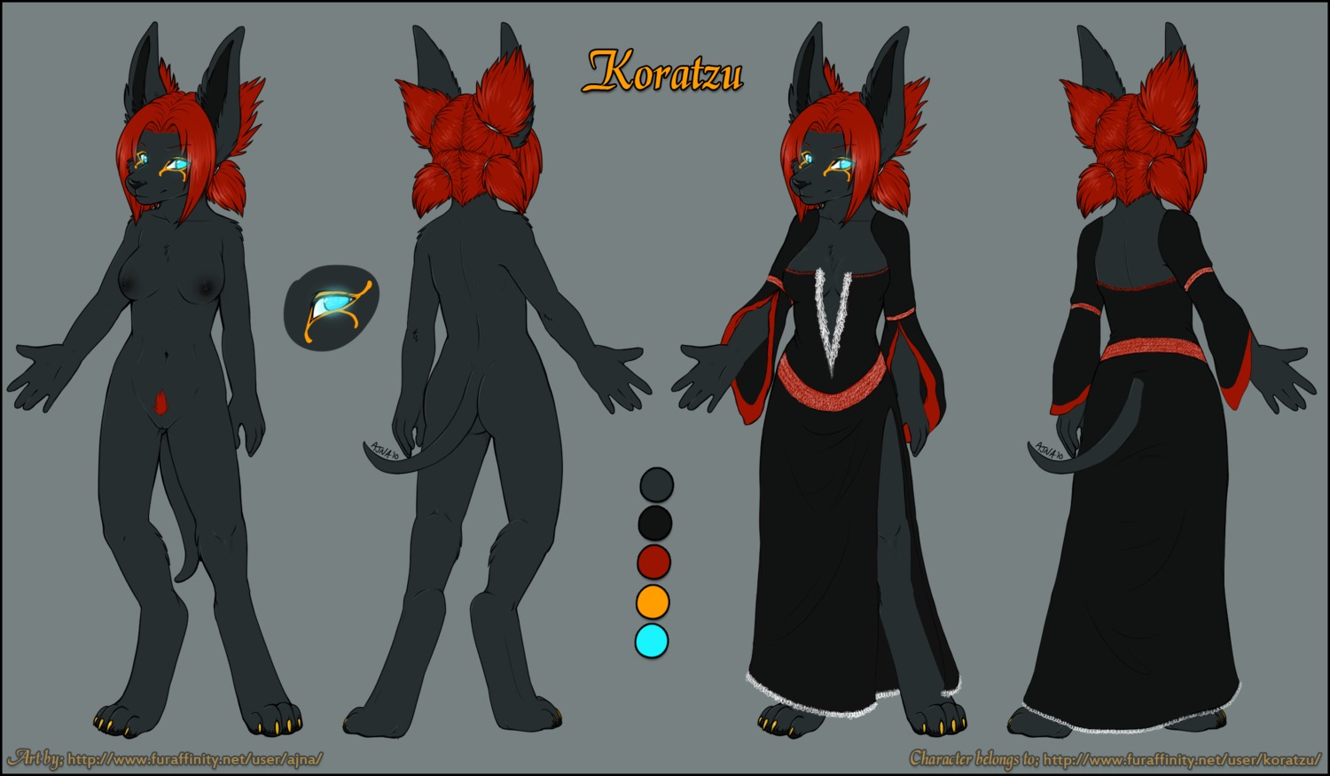 ajna anthro anubian_jackal black_border border breasts canid canine canis e621 egyptian female glowing glowing_eyes hair hi_res jackal koratzu lich mammal model_sheet nipples red_hair solo tail undead