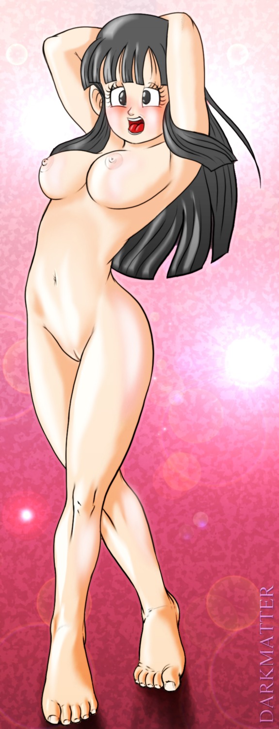 arms_behind_head barefoot black_eyes black_hair blush breasts chichi darkmatter dragon_ball dragon_ball_z eyelashes female female_only human long_hair navel nipples open_mouth pussy rule34 solo standing straight_hair