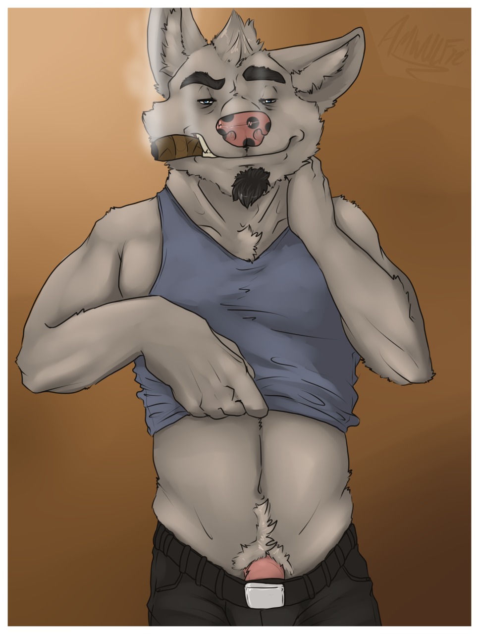 2012 amwulf anthro belt body_hair border bottomwear canid canine canis chest_tuft cigar clothed clothing clothing_lift domestic_dog e621 flaccid fur genitals happy_trail hi_res looking_at_viewer male mammal pants penis penis_base pink_penis pubes shirt shirt_lift smoke smoking solo tank_top topwear tuft undressing white_border