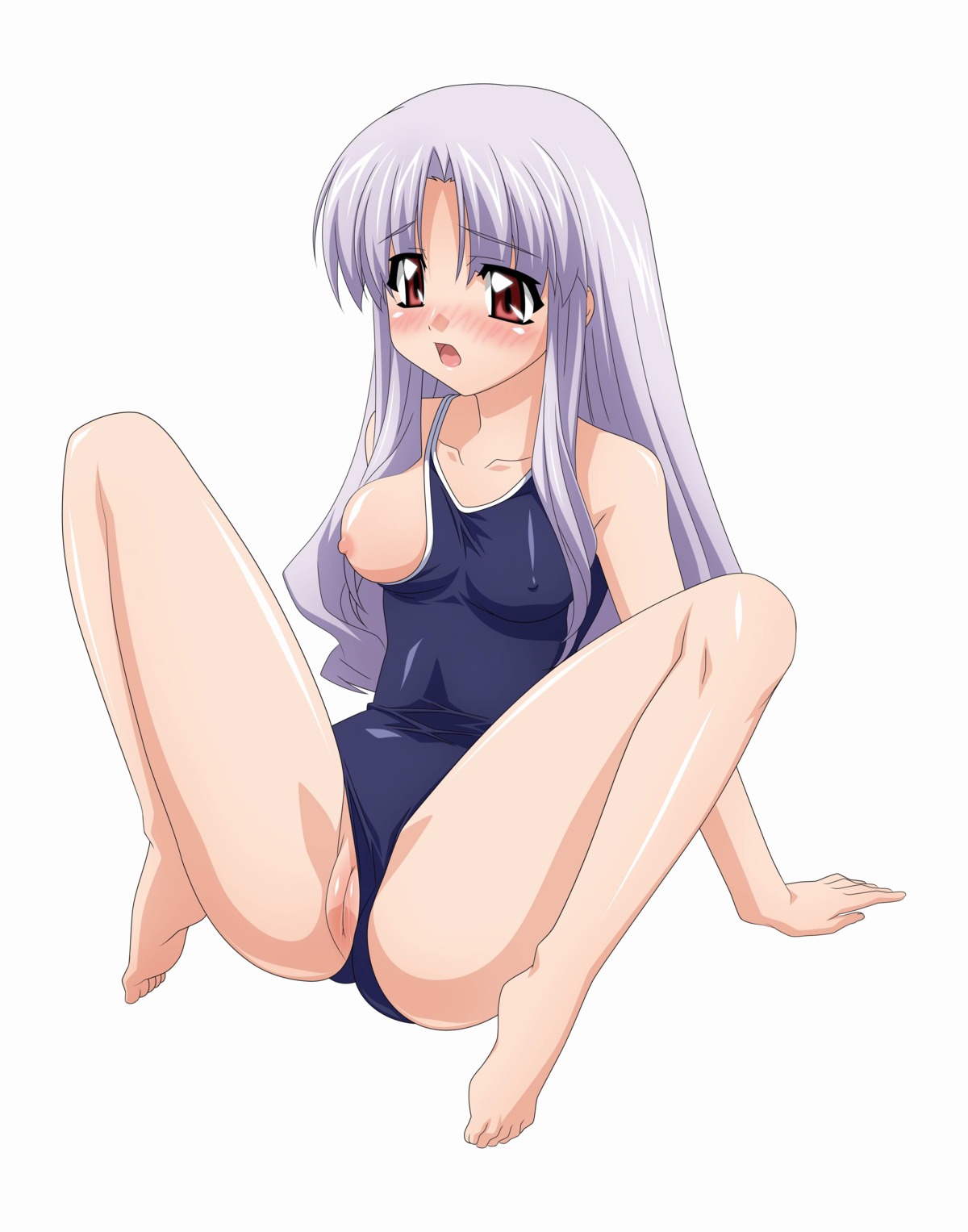 1girls azmaria_hendric barefoot blush breast_slip breasts chrono_crusade erect_nipples feet female high_resolution nipples one_breast_out purple_hair pussy red_eyes rule34 simple_background solo spread_legs sugimura_tomokazu swimsuit_aside toes uncensored white_background white_hair