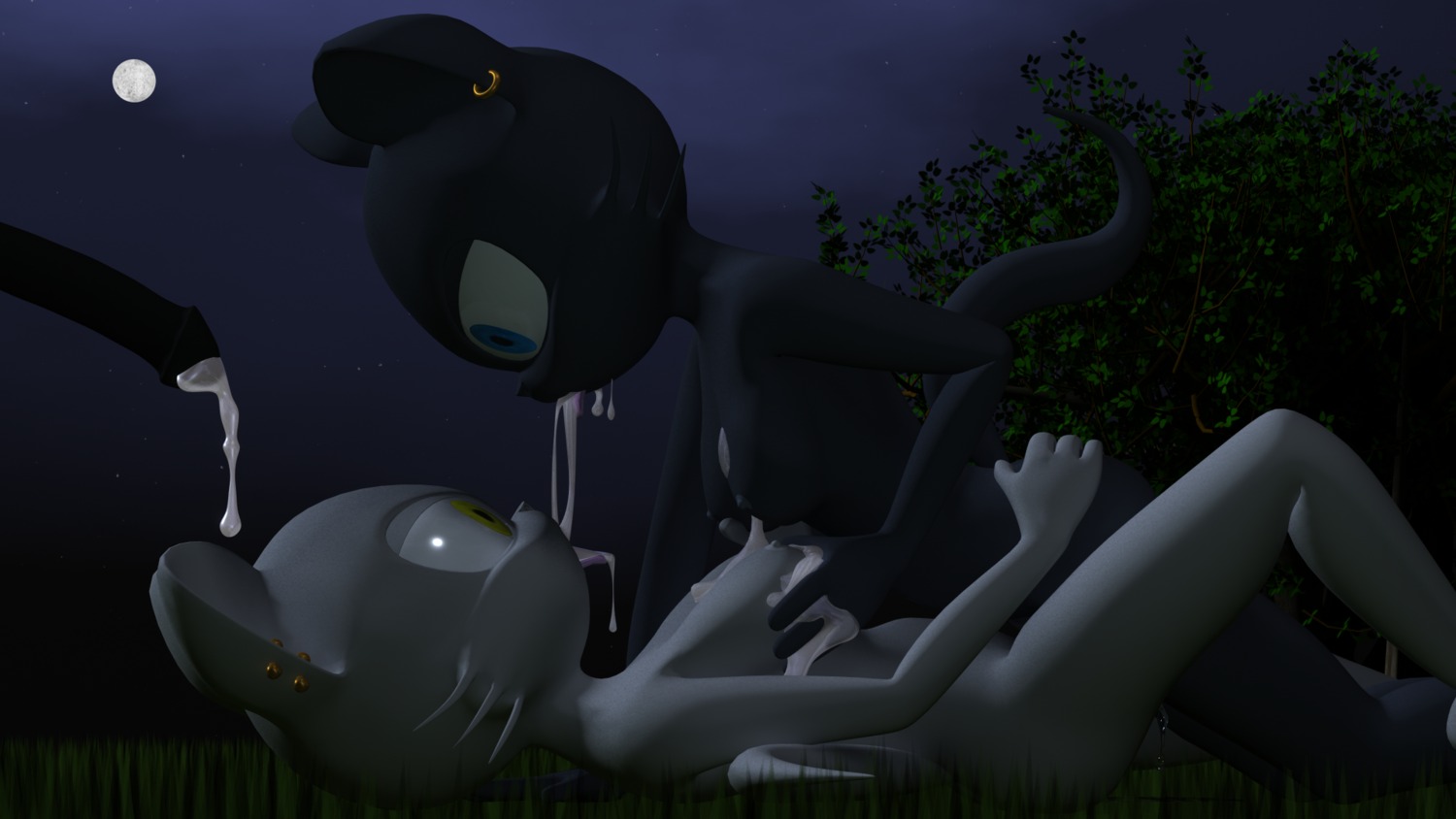 16:9 3d_(artwork) allie anthro black_body blue_eyes bodily_fluids breasts butt cum cum_in_mouth cum_inside cum_on_breasts cum_on_tongue cum_string dark_theme destiny_(character) destiny_blackmoon digital_media_(artwork) domestic_cat duo e621 ear_piercing erection felid feline felis female female/female genital_fluids genitals grass grope hi_res male mammal moon night nipples nude outside penis piercing plant sky snowballing star starry_sky tail tongue tree vaginal_fluids widescreen yellow_eyes