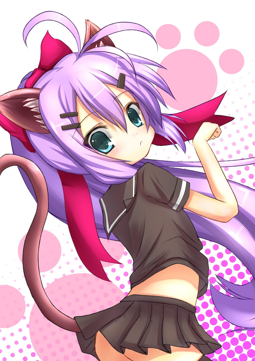 animal_ears cat_ears female green_eyes highres long_hair looking_back no_panties original ponytail purple_hair ribbon rule34 solo tail tatapopo thighhighs tied_hair very_long_hair zettai_ryouiki