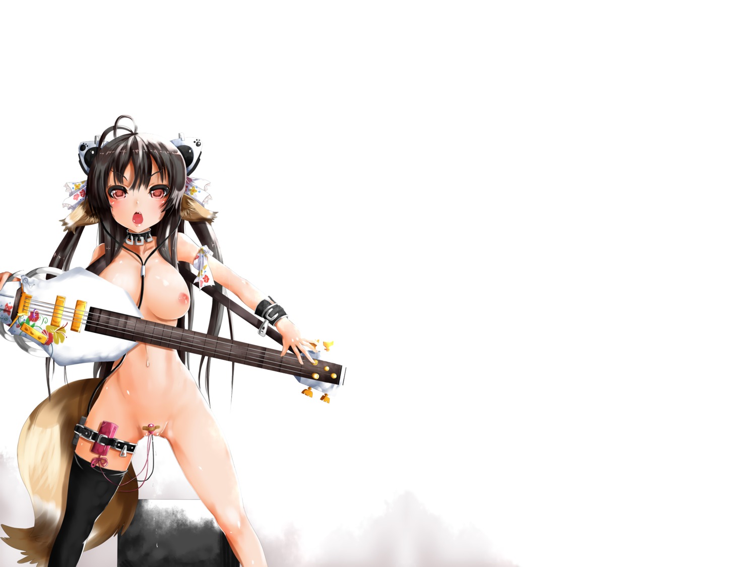 1girls animal_ear black_hair blush breasts collar female female_only guitar headphones janong nipples nude original red_eyes rule34 sex_toy short_hair solo tail thighhighs vibrator