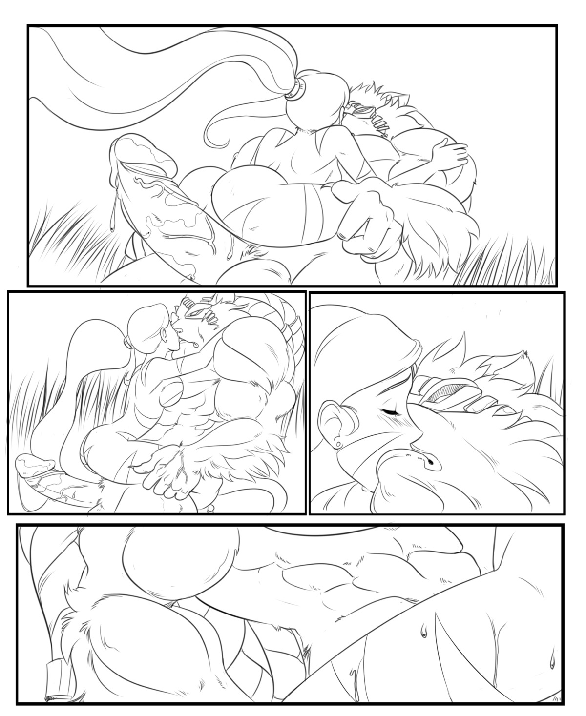 abs athletic balls biceps big_muscles big_penis black_and_white bodily_fluids breasts comic duo e621 erection eye_patch eyewear felid female fur genital_fluids genitals grillo hair hi_res huge_penis human humanoid_genitalia humanoid_penis interspecies kissing league_of_legends leaking lion love male male/female mammal mane monochrome muscular nidalee_(lol) nude on_top pantherine pecs penis precum rengar_(lol) riot_games straddling sweat tencent vein veiny_penis