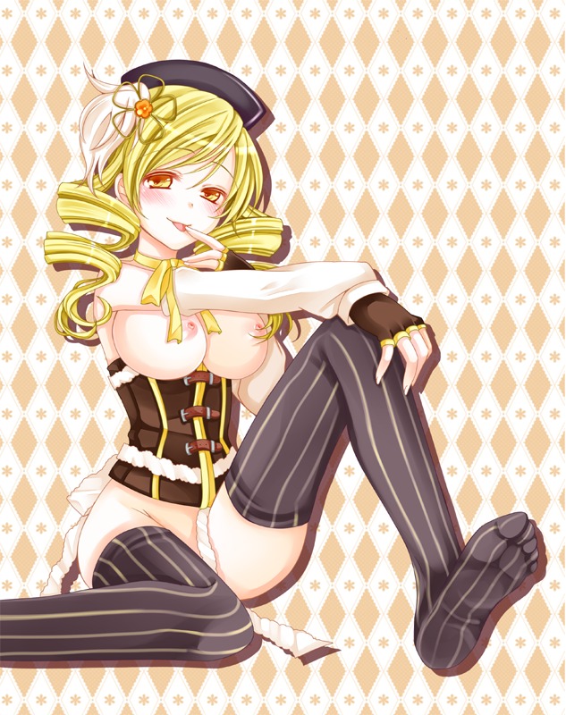 blush breasts female large_breasts mahou_shoujo_madoka_magica naughty_face nipples rule34 smile tomoe_mami