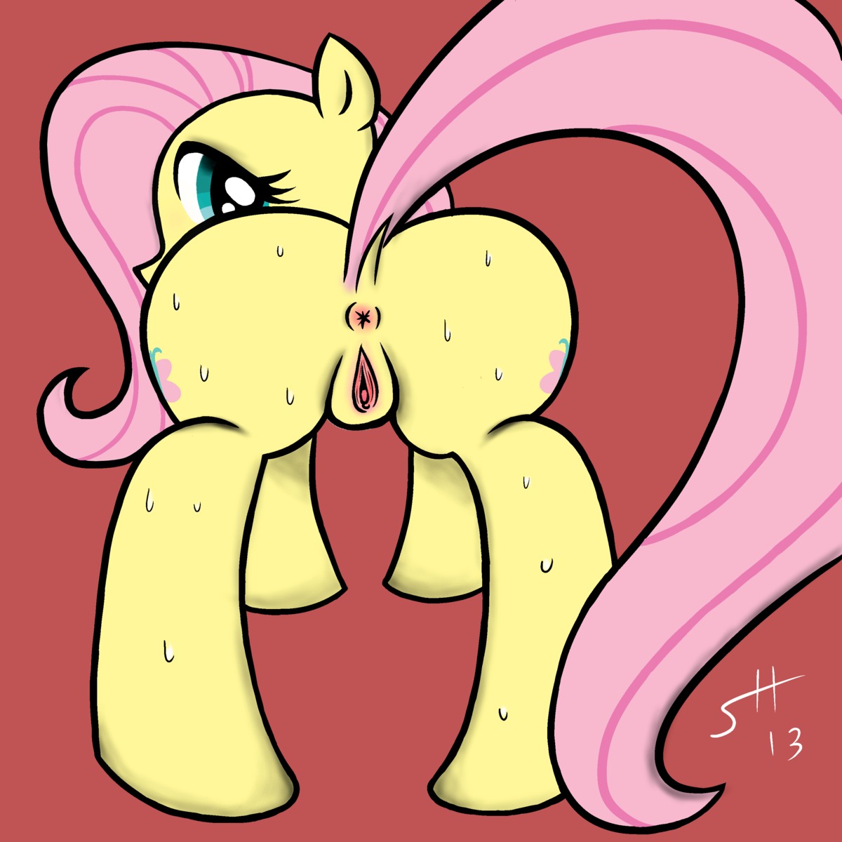 1:1 2013 absurd_res anus blue_eyes bodily_fluids butt cutie_mark e621 equid equine female feral fluttershy_(mlp) friendship_is_magic fur genitals hair hasbro hi_res horse mammal my_little_pony pink_hair pony shsurreal simple_background solo sweat vulva yellow_body yellow_fur