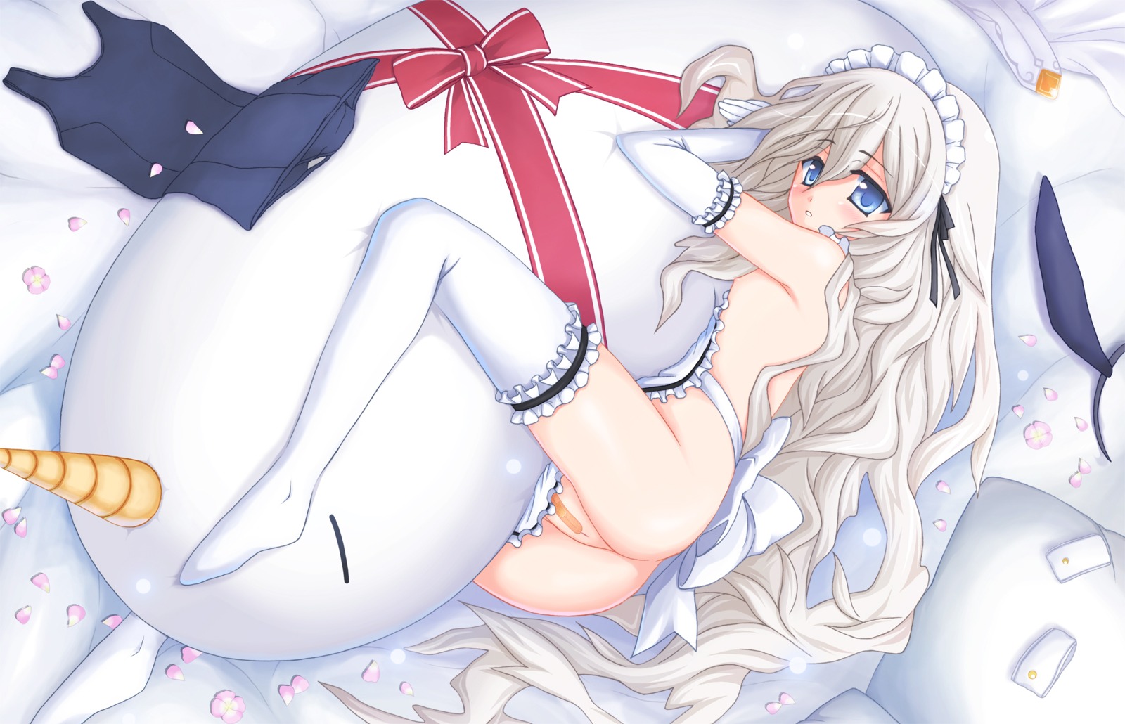 anne_dautrich apron ass bandaid bandaid_on_pussy blue_eyes blush elbow_gloves female flat_chest garters gloves highres kyoukaisenjou_no_horizon long_hair maid_headdress naked_apron nanao_yuki nipples no_bra no_panties on_side petals pussy ribbon rule34 school_swimsuit solo straddle stuffed_animal stuffed_toy swimsuit swimsuit_aside thighhighs very_long_hair white_hair white_legwear