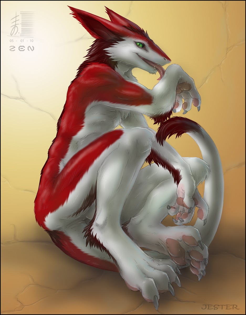 2010 anthro balls barely_visible_balls barely_visible_genitalia e621 fluffy fur genitals green_eyes hi_res jester jester_(character) licking male mammal personal_grooming red_body red_fur self_lick sergal solo tail tongue tongue_out zenthetiger