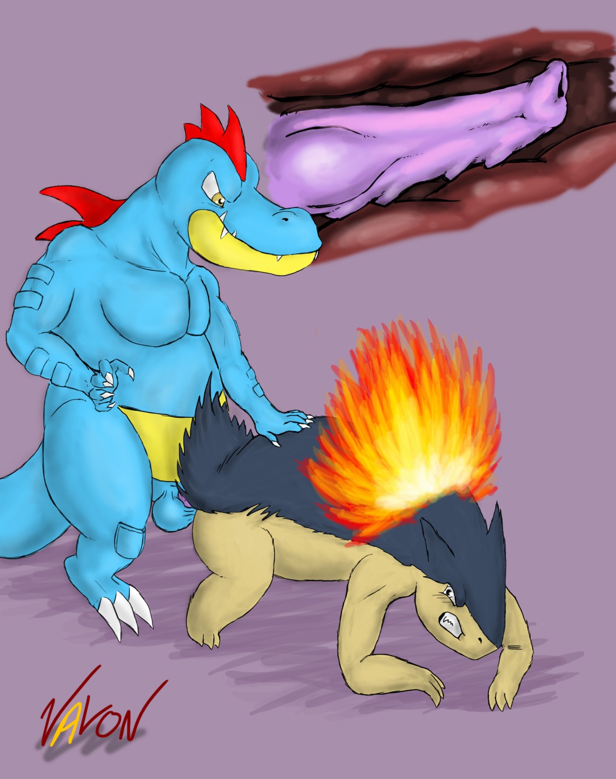 absurd_res ambiguous_gender angry balls clenched_teeth duo e621 erection feral feraligatr fire generation_2_pokemon genitals hi_res internal male nintendo nude penetration penis pokemon pokemon_(species) scalie simple_background tail teeth typhlosion valon