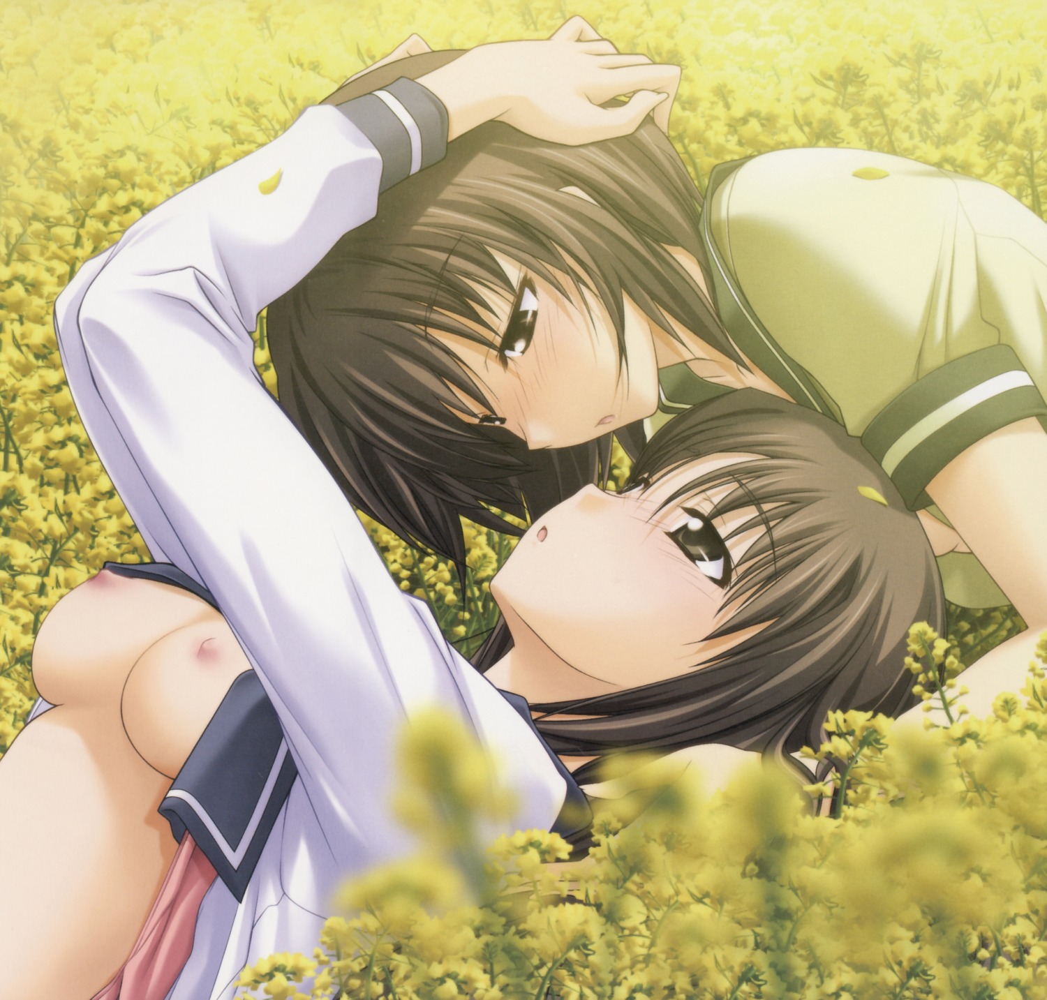 blush breasts brown_eyes brown_hair clothing female flower high_resolution hizuki_ayumi hizuki_suzune kawagishi_keitarou lying medium_breasts multiple_females multiple_girls nipples no_bra oppai ringetsu rule34 shin_ringetsu shirt_lift short_hair yuri