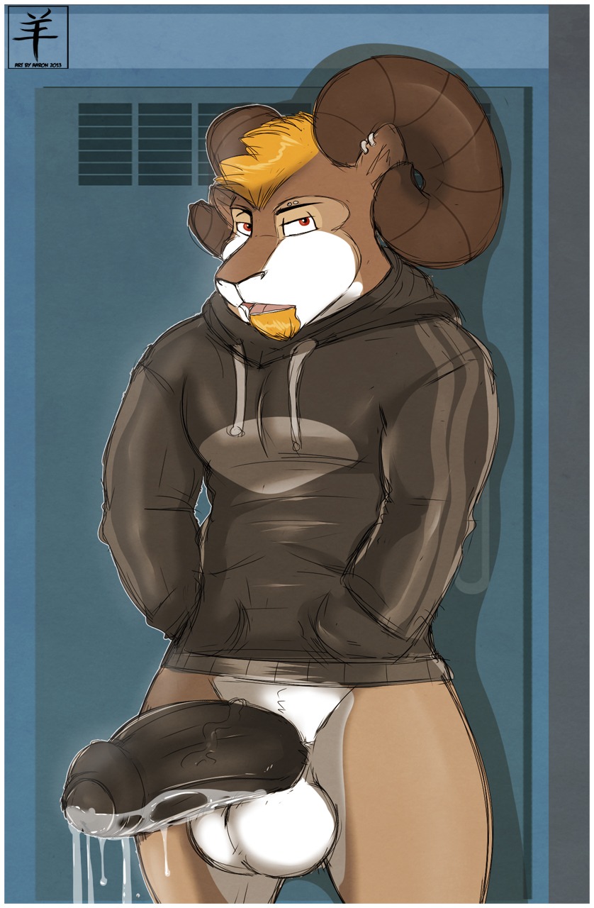 2013 aaron_(artist) abs animal_genitalia anthro athletic balls beard biceps big_balls big_penis bighorn_sheep biped black_penis blonde_hair bodily_fluids border bottomless bovid bovid_horn brown_body brown_fur caprine caprine_horn clothed clothing cum cum_on_penis curled_horn digital_media_(artwork) dripping e621 ear_piercing erection facial_hair foreskin fur genital_fluids genitals goatee hair hi_res hoodie horn humanoid_genitalia humanoid_penis leaking looking_at_viewer male mammal muscular muscular_anthro partially_retracted_foreskin pecs penis piercing pose presenting ram_horn rammy_aaron red_eyes sheath sheep shirt signature solo standing thick_penis topwear vein veiny_penis white_balls white_body white_border white_fur
