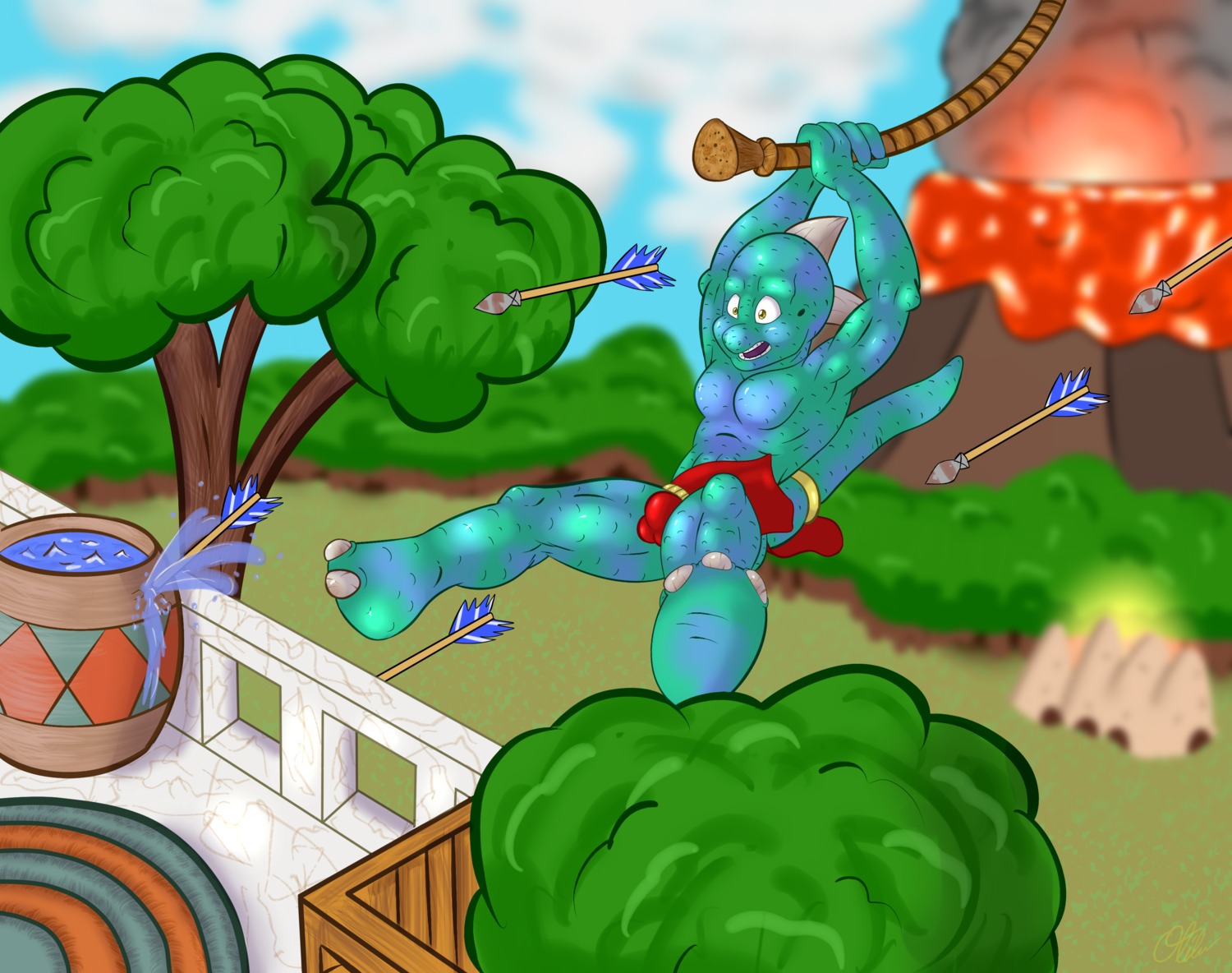 absurd_res action_pose anthro bottomwear bulge clothing dinosaur e621 hi_res horn loincloth male oliburgob outside pose prehistoric_species reptile scales scalie solo tail