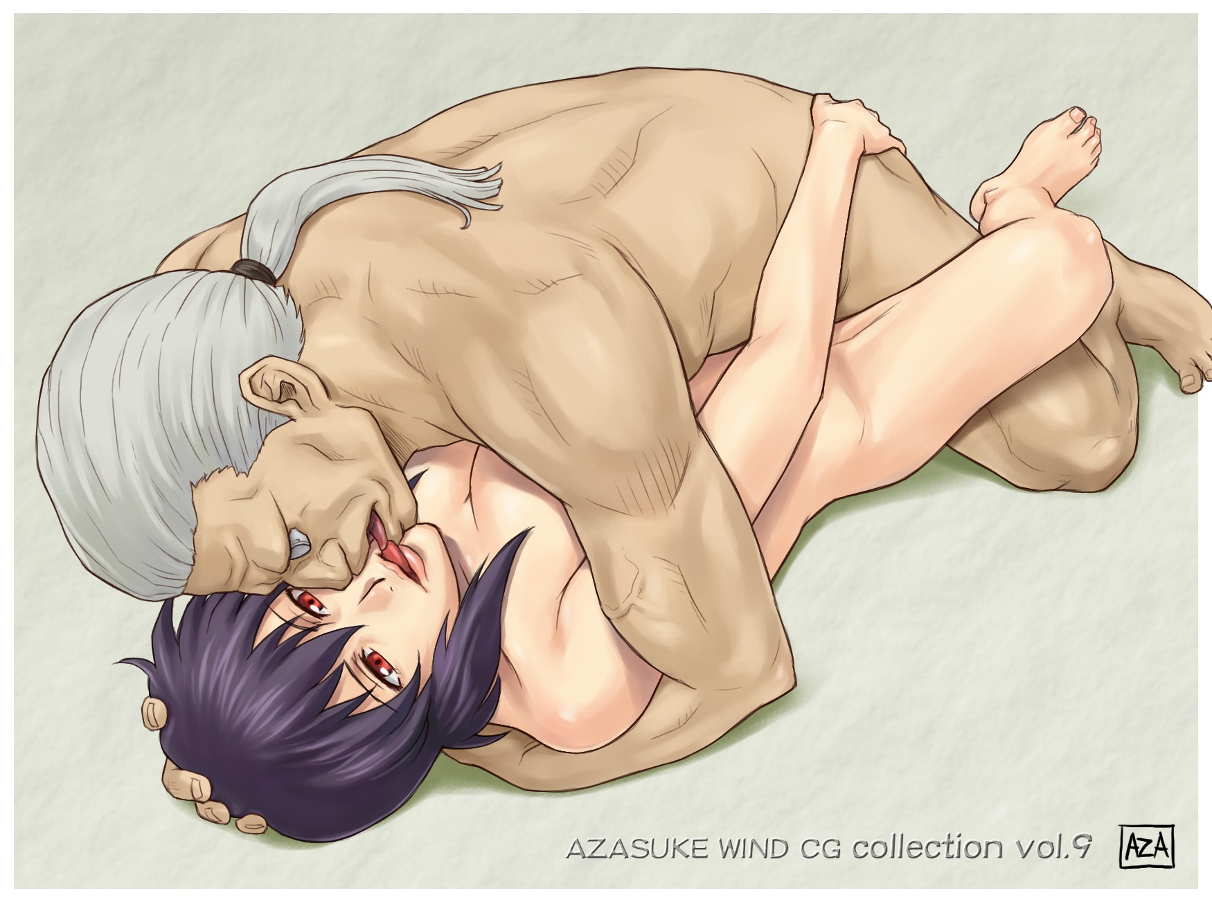 ass ass_grab azasuke batou boots breasts cleavage cyborg female ghost_in_the_shell ghost_in_the_shell_stand_alone_complex grey_hair groping hand_on_head highres hug kissing kusanagi_motoko lying missionary nude ocular_implant on_back ponytail purple_hair red_eyes rule34 sex short_hair tied_hair tongue