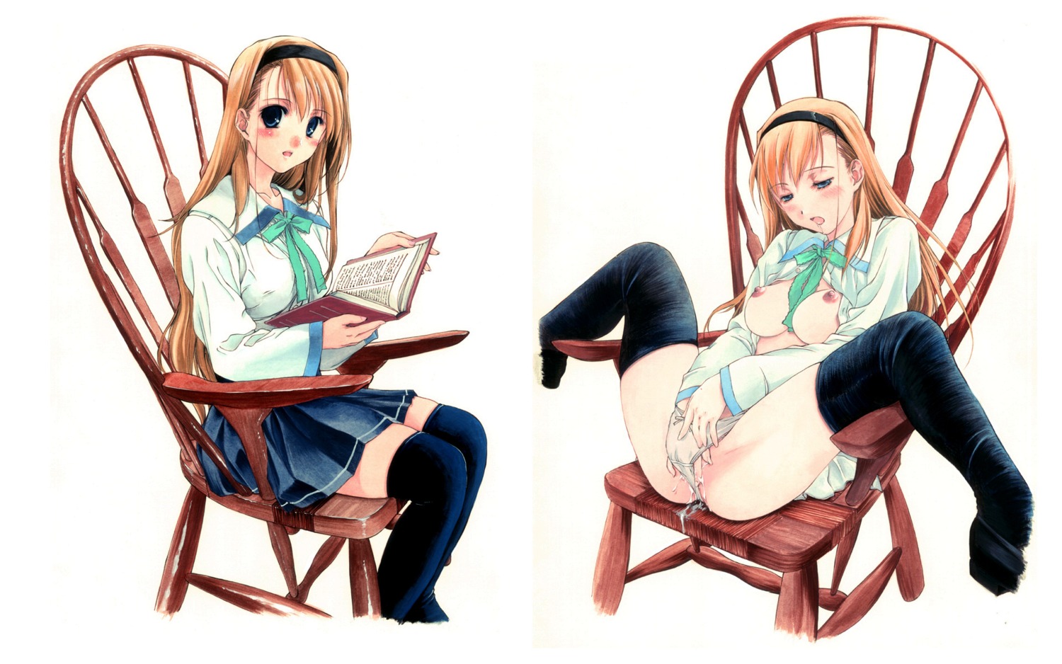 blonde_hair blush book breasts breasts_out chair female fingering hand_in_panties highres masturbation medium_breasts nishiki_yoshimune pussy pussy_juice rule34 shirt_lift sitting source_request spread_legs techgian thighhighs