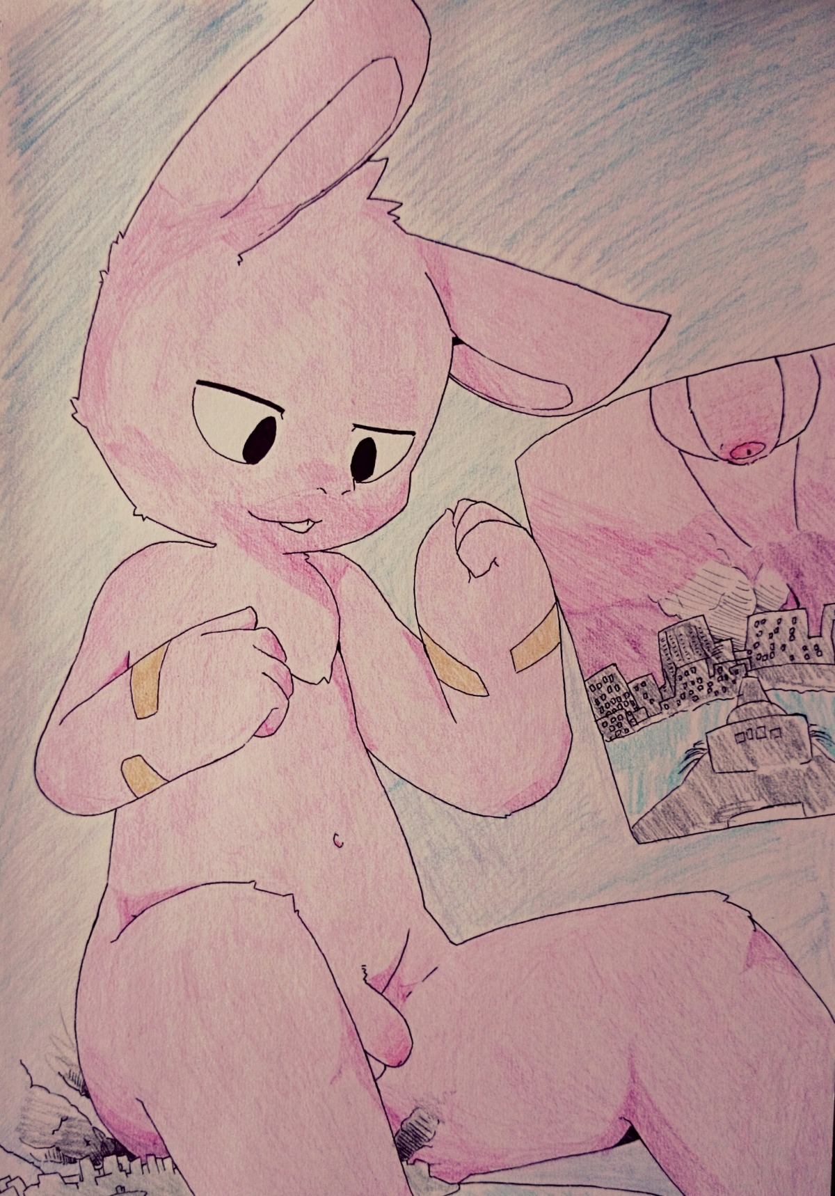 anthro black_eyes blue_background city destruction e621 flaccid foreskin genitals hi_res kuruitty lagomorph larger_young leporid macro male mammal nude outside penis pink_body pink_skin rabbit simple_background sitting size_difference sky smoke solo spread_legs spreading traditional_media_(artwork) young young_anthro