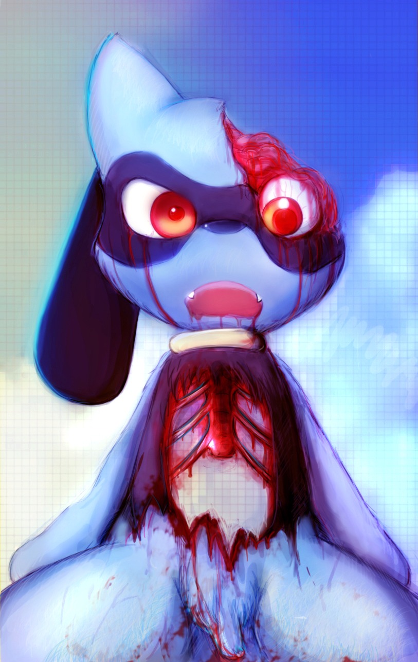 blood bodily_fluids brain canid canine e621 exposed_brain feanor generation_4_pokemon genitals gore gore_focus hi_res male mammal nightmare_fuel nintendo open_mouth organs penis pokemon pokemon_(species) red_eyes rib_cage ribs riolu solo undead zombie