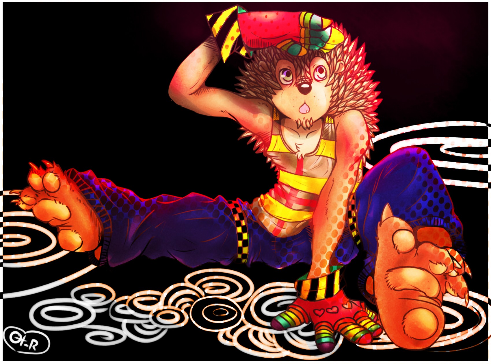 anthro breakdancing chumbasket clothed clothing dancing digital_media_(artwork) e621 eulipotyphlan facial_hair hedgehog hi_res male mammal open_mouth solo spikes