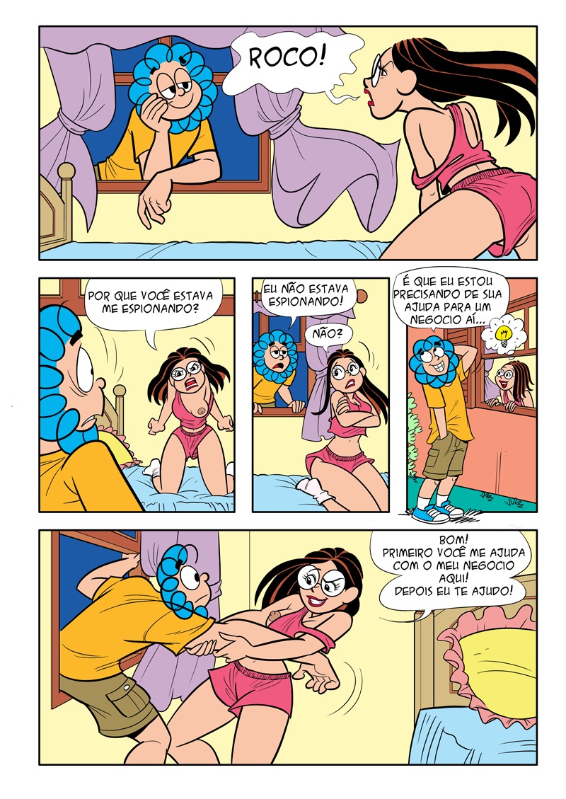 1boy 1girls bed bedroom blue_hair breast_out breasts comic curly_(tdm) curly_hair female glasses long_hair male monica's_gang naughty_face nipples pajamas portuguese_text pulling rolo_(tdm) rule34 small_breasts teenager tina_(tdm) turma_da_monica two-tone_hair