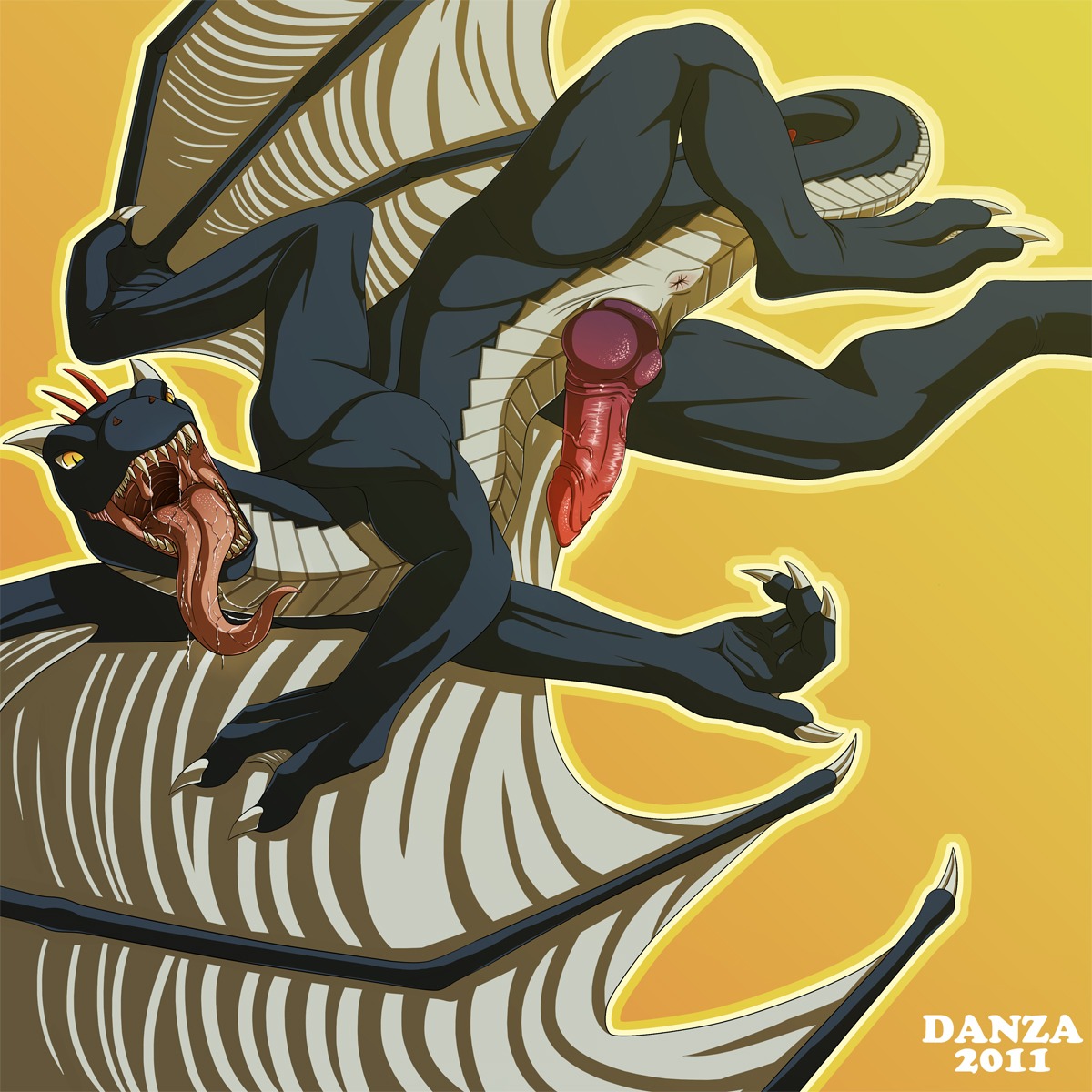 1:1 2011 amber_eyes animal_genitalia anus big_penis bodily_fluids conditional_dnp danza dragon e621 erection feral gaping_mouth genital_slit genitals hi_res high-angle_view horn knot long_tongue looking_at_viewer lying male membrane_(anatomy) membranous_wings mouth_shot mythological_creature mythological_scalie mythology on_side open_mouth pattarchus penis pupils saliva scalie sheath simple_background slit_pupils solo tail tongue vein wings