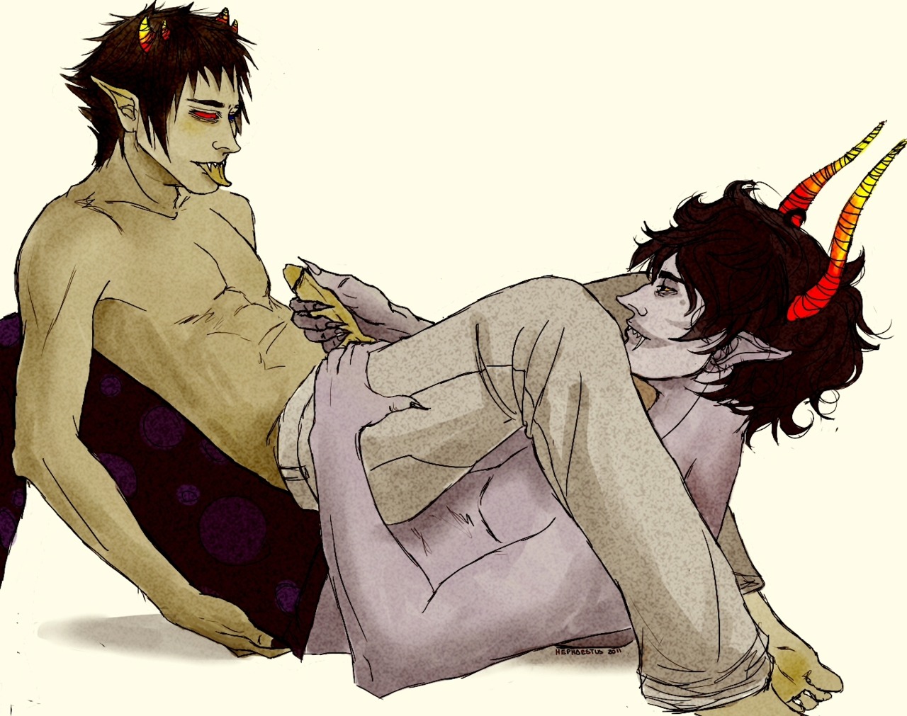 2boys artist_request black_hair clothed clown facepaint gamzee_makara grey_skin handjob homestuck horns male ms_paint_adventures pants penis pointy_ears red_eyes rule34 sharp_teeth short_hair sollux_captor source_request tongue tongue_out topless troll white_background yaoi yellow_eyes
