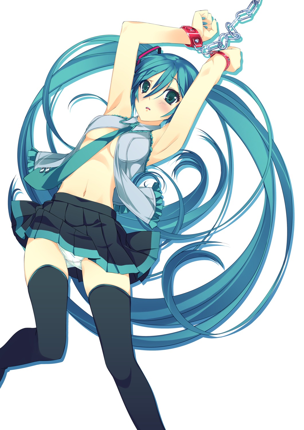 1girl aqua_eyes aqua_hair armpits arms_up bdsm black_legwear blush bondage boots bound breasts chain chains cuffs female handcuffs hatsune_miku highres long_hair looking_at_viewer lying medium_breasts miniskirt murakami_suigun nail_polish navel necktie no_bra open_clothes open_shirt panties pantyshot rule34 shirt simple_background skirt slave solo thighhighs tied_hair torn_clothes twintails underwear very_long_hair vocaloid white_panties
