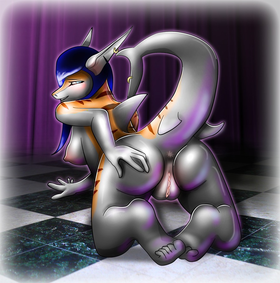anthro anus aquatic biped blue_hair breasts e621 female finir fish genitals hair looking_back nipples non-mammal_breasts non-mammal_nipples nude plump_labia presenting raised_tail requiem_shark shark solo tabitha_(finir) tail tiger_shark vulva