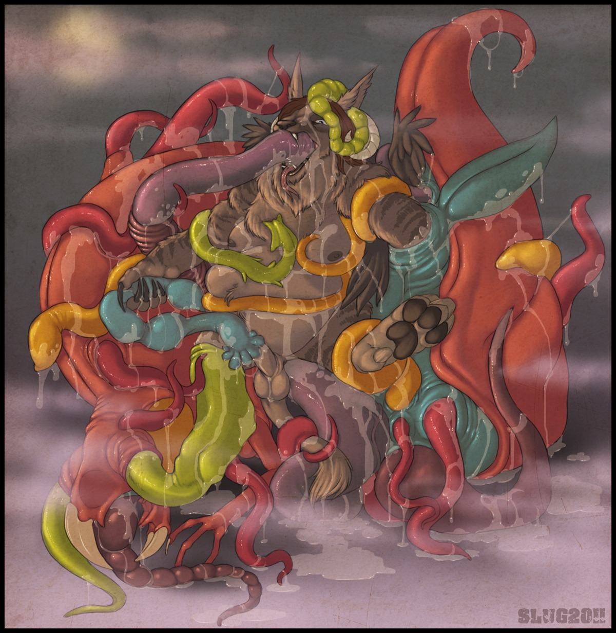 2011 absorption_vore arm_grab balls black_border bloated bodily_fluids border chimera coiling_around_tail e621 ear_penetration egg egg_from_ovipositor egg_in_urethra egg_insertion erection forced front_view fully_restrained genitals green_tentacles group head_grab hi_res hybrid leg_grab male monster nude oddbird open_mouth oral oral_penetration oviposition ovipositor penetration penis penis_in_tentacle rape red_tentacles restrained sex slime snout tail tentacle_grab tentacle_in_mouth tentacle_ovipositor tentacle_penetration tentacle_sex tentacles unknown_species vore what yellow_tentacles