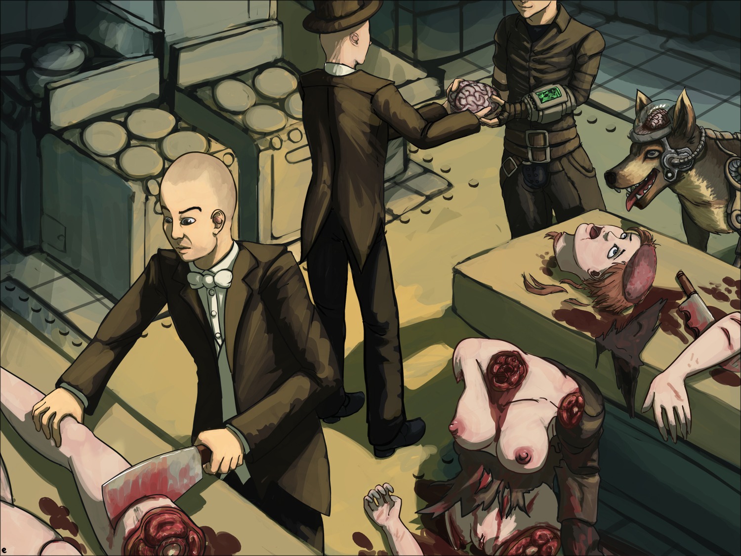 1girls 3boys brain clothing death fallout female female_death female_focus gore guro male nipples rule34