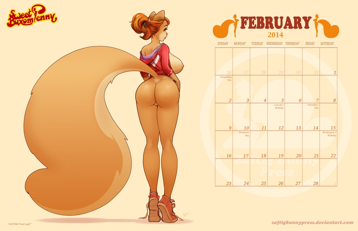2014 absurd_res anthro big_breasts big_butt big_tail biped bottomless breasts brown_hair butt calendar calendar_graphic clothed clothing e621 english_text female fluffy fluffy_tail footwear freckles fur genitals green_eyes hair hi_res lips long_hair looking_back mammal orange_body orange_fur penny_flynn pinup ponytail pose rodent sciurid shirt shoes solo standing tail text topwear tree_squirrel url vulva y_shaped_butt_crack zaftigbunnypress