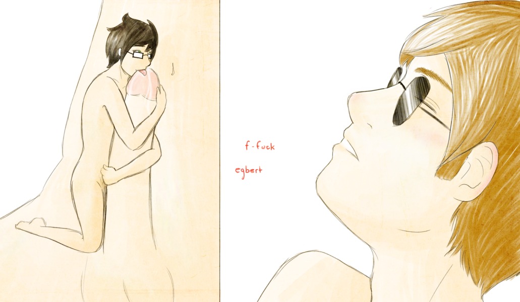 2boys artist_request black_hair blonde_hair closed_eyes dave_strider gay giant glasses green_eyes homestuck john_egbert licking_penis male ms_paint_adventures naked penis rule34 saliva short_hair size_difference source_request sunglasses text white_background white_skin