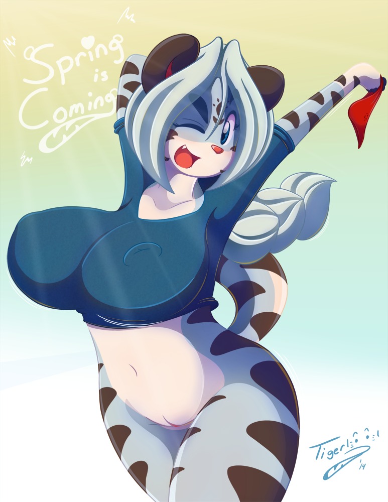 2014 anthro big_breasts blue_eyes breasts clothed clothing digital_media_(artwork) e621 felid female genitals hair long_hair mammal minina navel one_eye_closed open_mouth pantherine solo tiger tiger1001 tongue underwear vulva white_hair