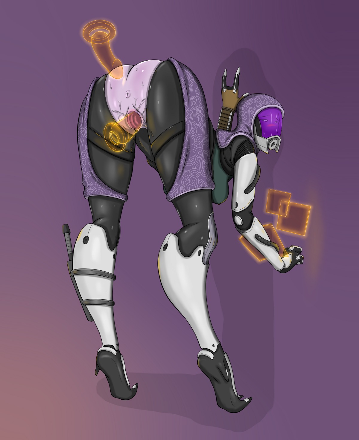 alien alien_humanoid bent_over bioware bodily_fluids clothing darkdragoon e621 electronic_arts female genital_fluids hi_res humanoid mass_effect not_furry quarian solo suit tali'zorah vaginal_fluids