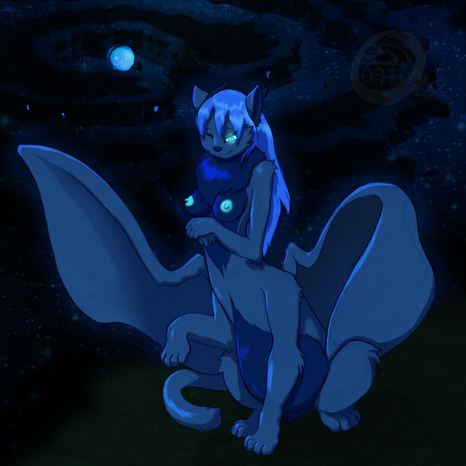 1:1 animal_genitalia blue_eyes breasts cainethelongshot e621 fluffy fur genitals glowing glowing_eyes gynomorph hair hi_res intersex nipples pregnant pregnant_taur sheath solo taur taur_lower_pregnancy