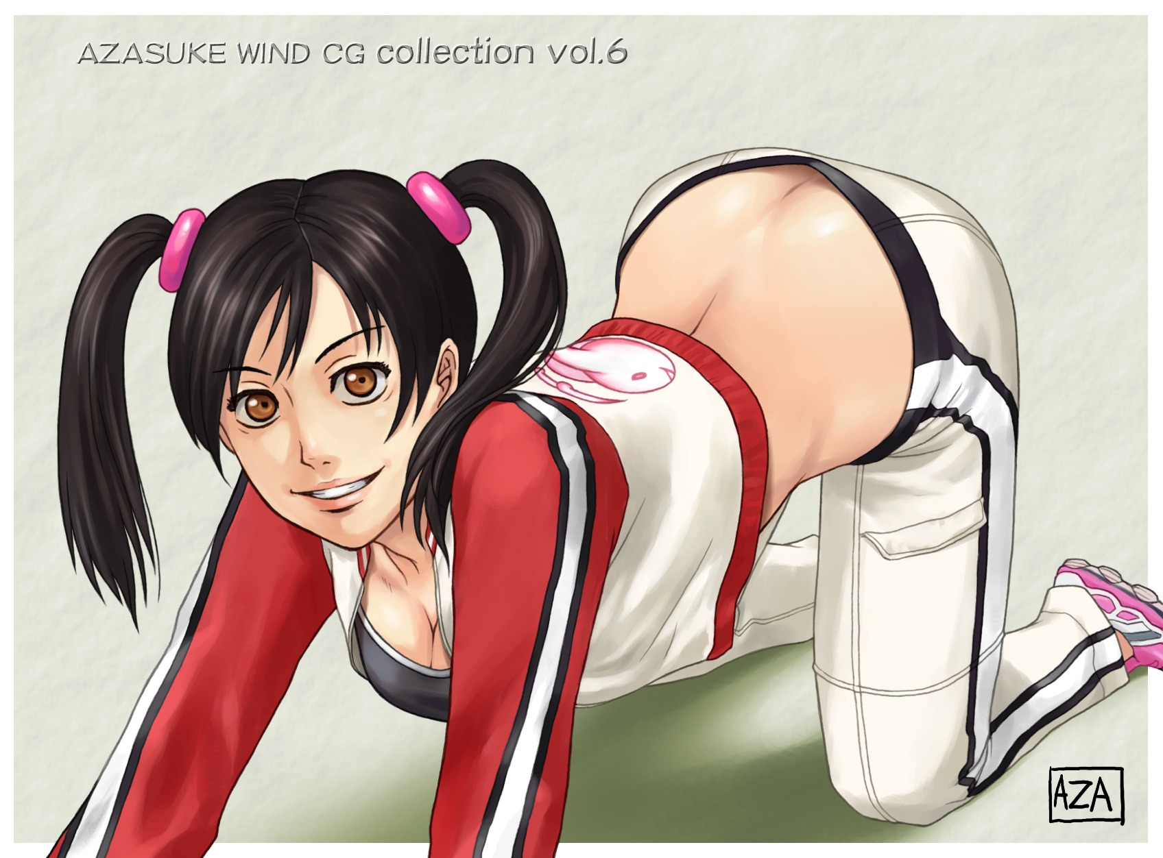 all_fours azasuke clothed female female_only highres ling_xiaoyu namco rule34 solo solo_female sports_bra sportswear tekken tied_hair twintails