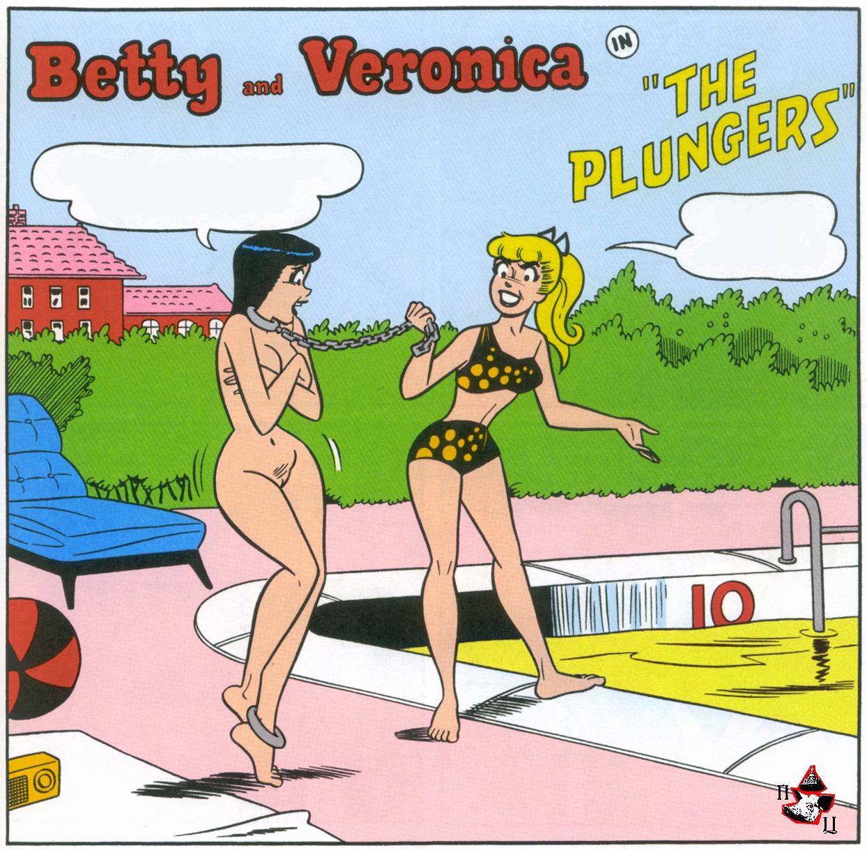 2girls archie_comics betty_and_veronica betty_cooper black_hair blonde_hair chains female female_only multiple_females multiple_girls nude pig_tsar rule34 swimsuit veronica_lodge