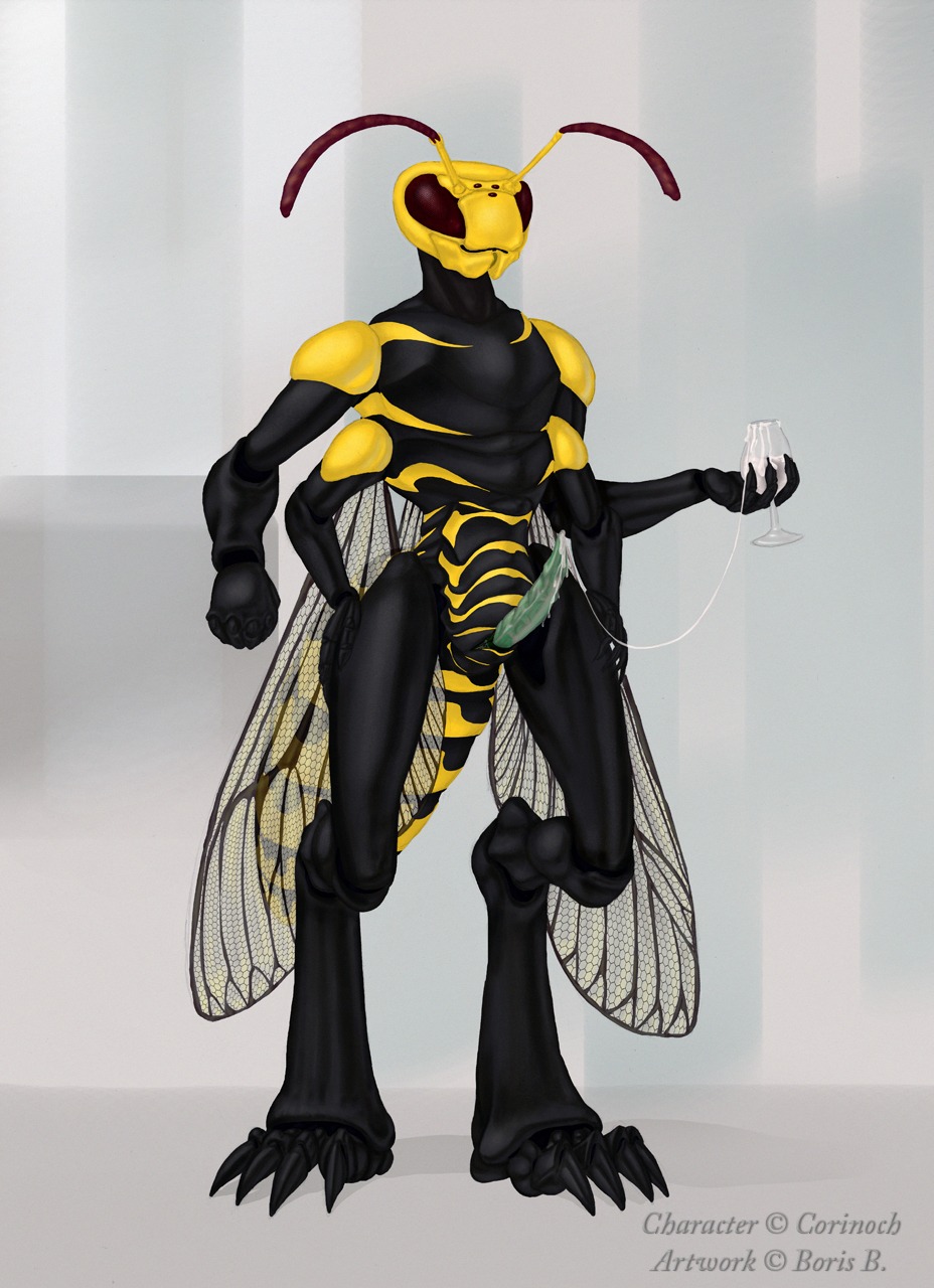 anthro arthropod bodily_fluids borisalien cum cum_string e621 erection genital_fluids genitals hi_res hymenopteran insect male nude penis solo veras_(corinoch) wasp