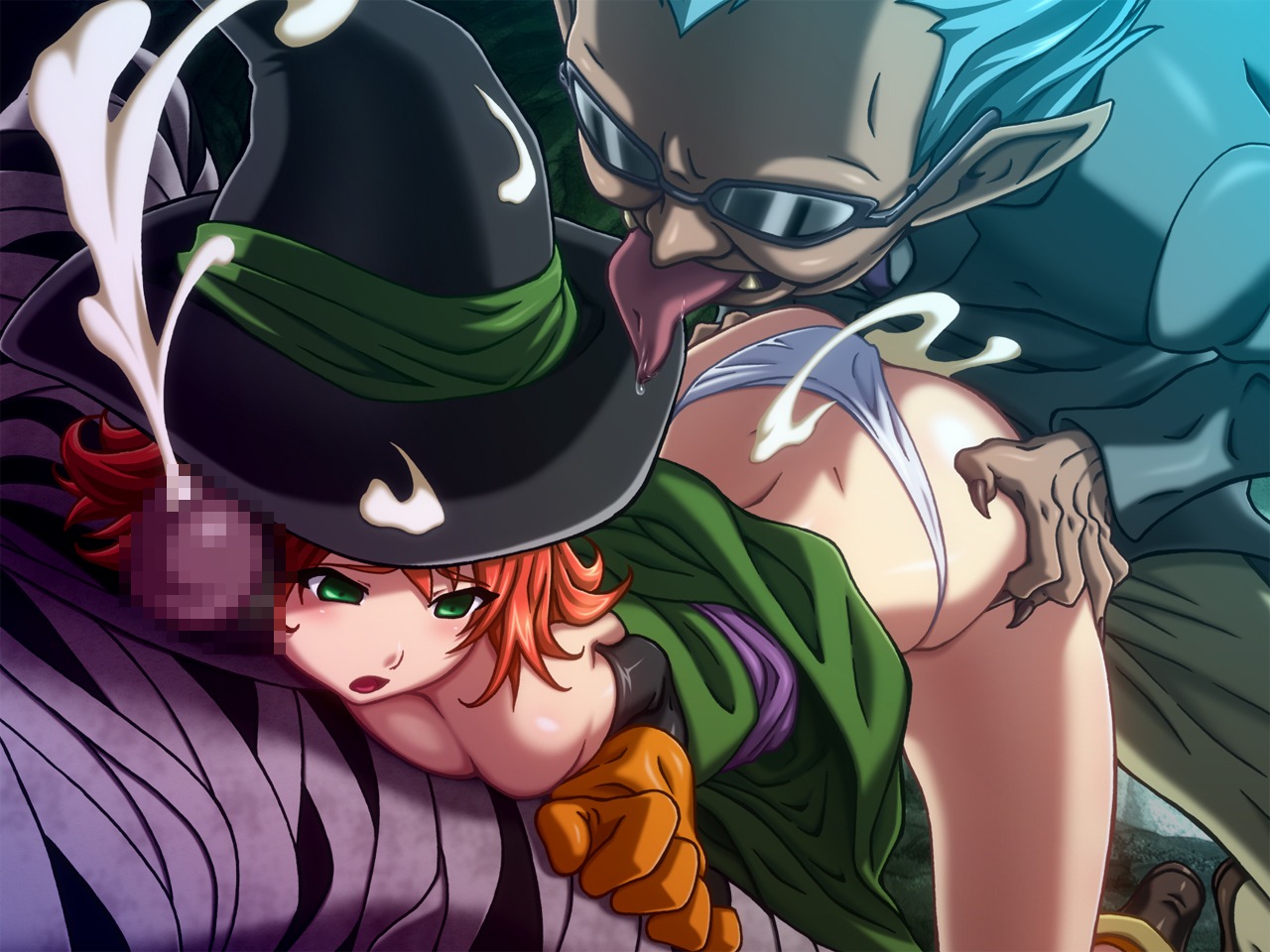 1girls 2boys censored clothed_sex clothing cum dragon_quest dragon_quest_iii dress female glasses mage_(dq3) male monster mummy_(dragon_quest) panties penis rule34 sex still_tone threesome