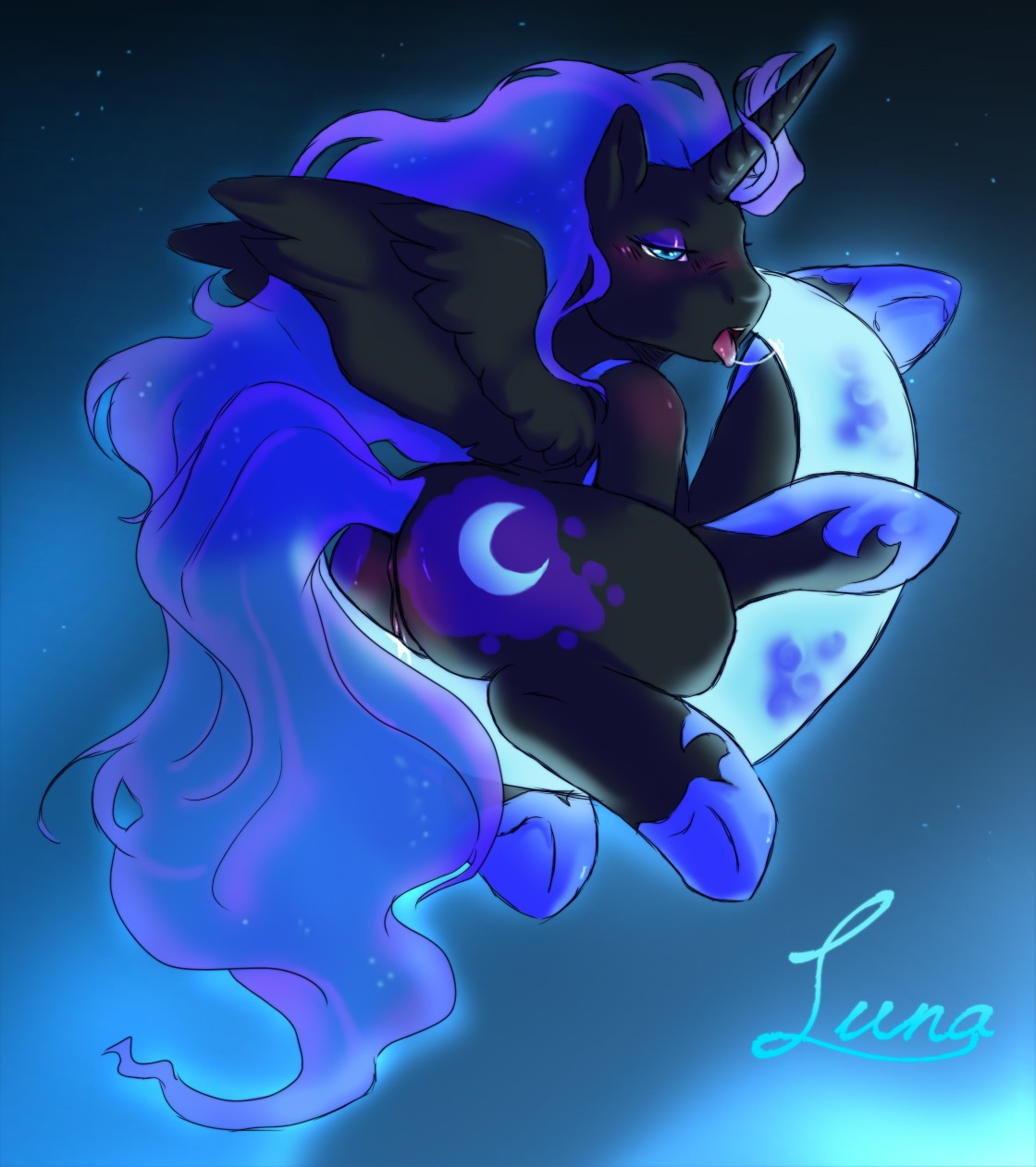 2012 anus aries84 black_body black_feathers blue_eyes blue_hair blush bodily_fluids butt cool_colors cutie_mark e621 equid equine feathered_wings feathers female feral friendship_is_magic genital_fluids genitals hair half-closed_eyes hasbro hi_res horn long_hair looking_at_viewer looking_back magic mammal moon multicolored_hair my_little_pony mythological_creature mythological_equine mythology narrowed_eyes night nightmare_moon_(mlp) open_mouth outside quadruped rubbing saliva simple_background solo star sweetcream tail text thick_thighs tongue tongue_out vaginal vaginal_fluids vulva wing_boner winged_unicorn wings