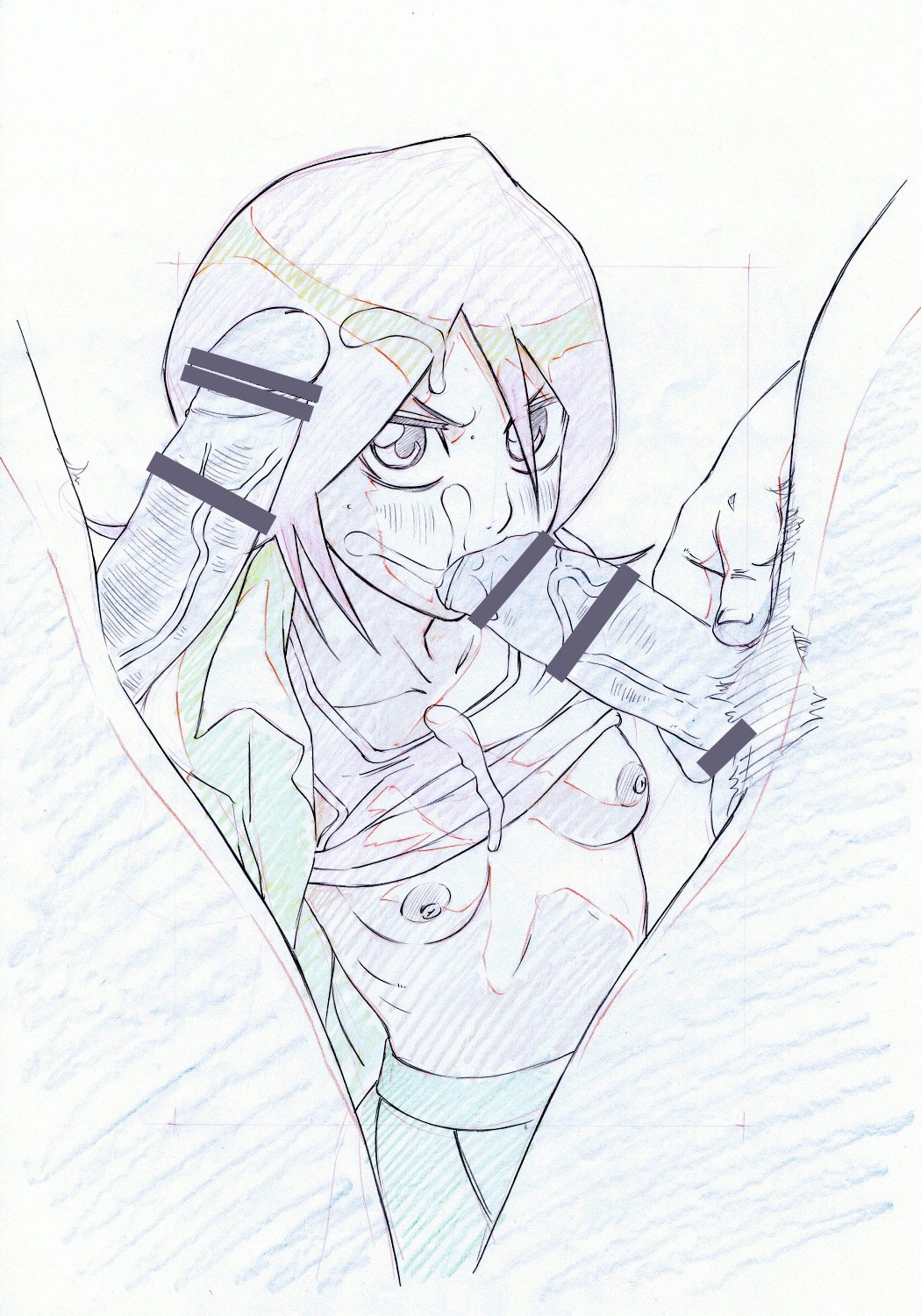 1girls 2boys bleach censor_bar censored female hayashibara_hikari kuchiki_rukia male monochrome multiple_boys multiple_males partial_male penis rule34 sketch tagme