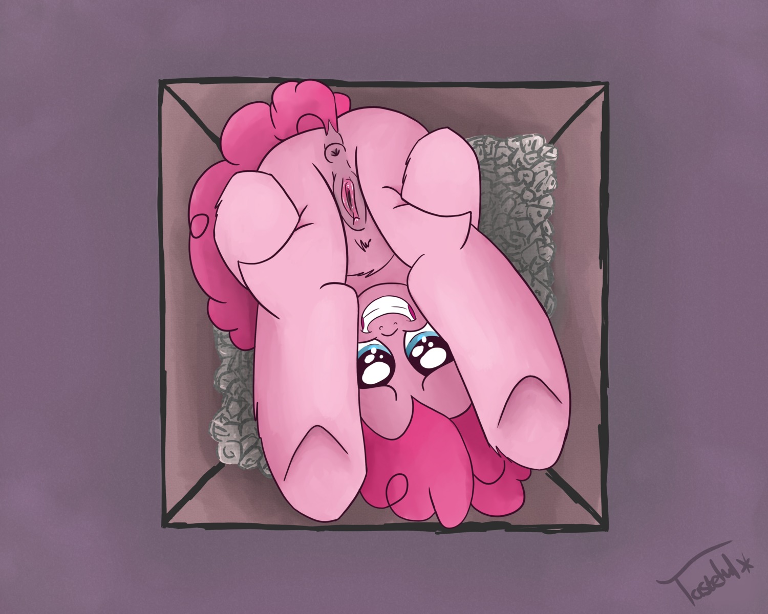 2012 5:4 absurd_res anus blue_eyes box butt container e621 earth_pony equid equine female feral friendship_is_magic fur genitals hair hasbro hi_res horse if_it_fits_i_sits_(meme) in_box in_container looking_at_viewer looking_through looking_through_legs mammal meme my_little_pony nude pink_body pink_fur pink_hair pinkie_pie_(mlp) pony presenting simple_background smile solo tail tasteful-clopper upside_down vulva